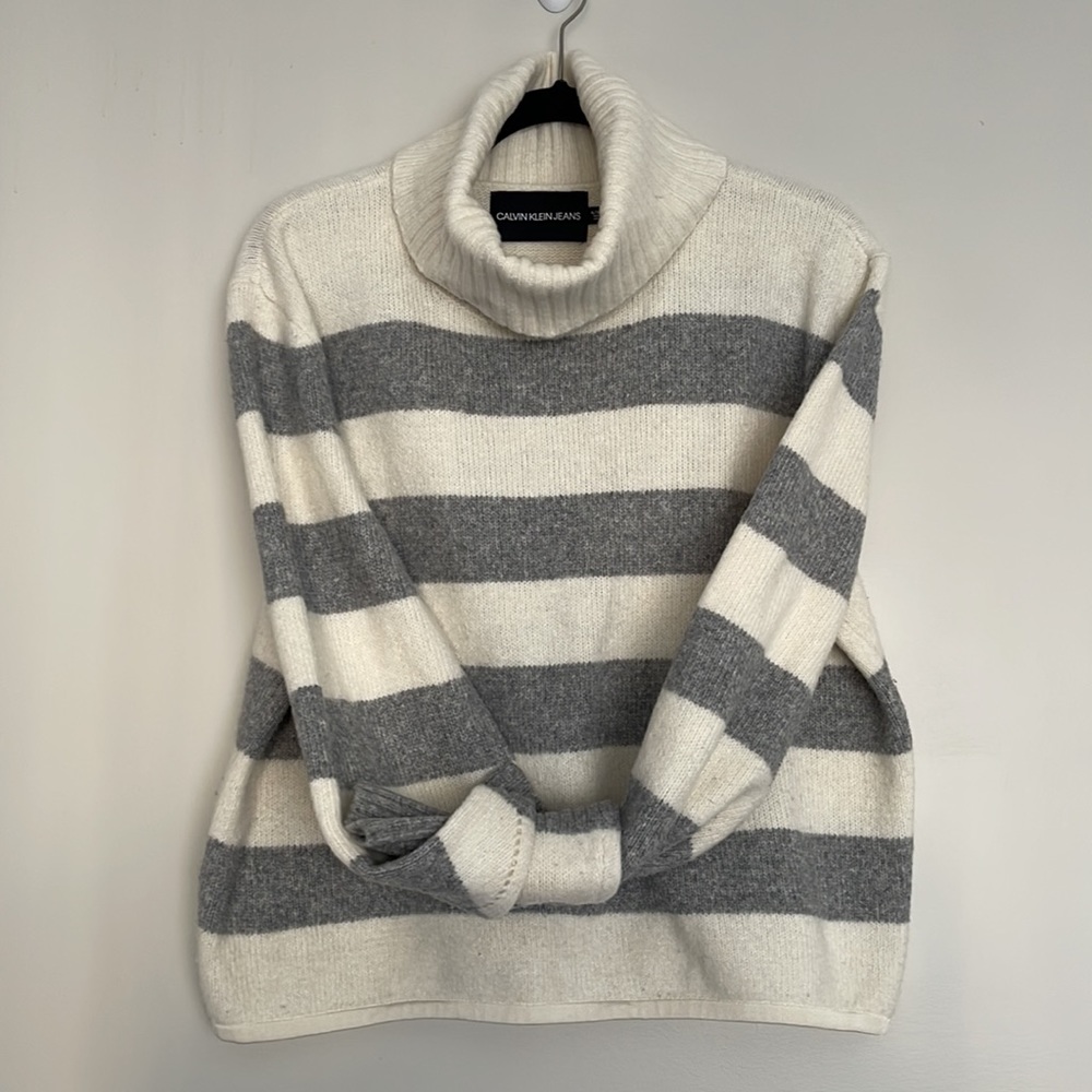 Calvin Klein Jeans Gray and White Striped Turtleneck Sweater